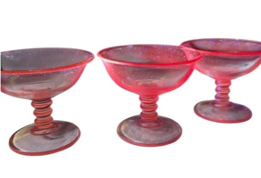 Vintage Pink Depression Glass Coupes Set of 3 UV Uranium Glow Footed Sherbet